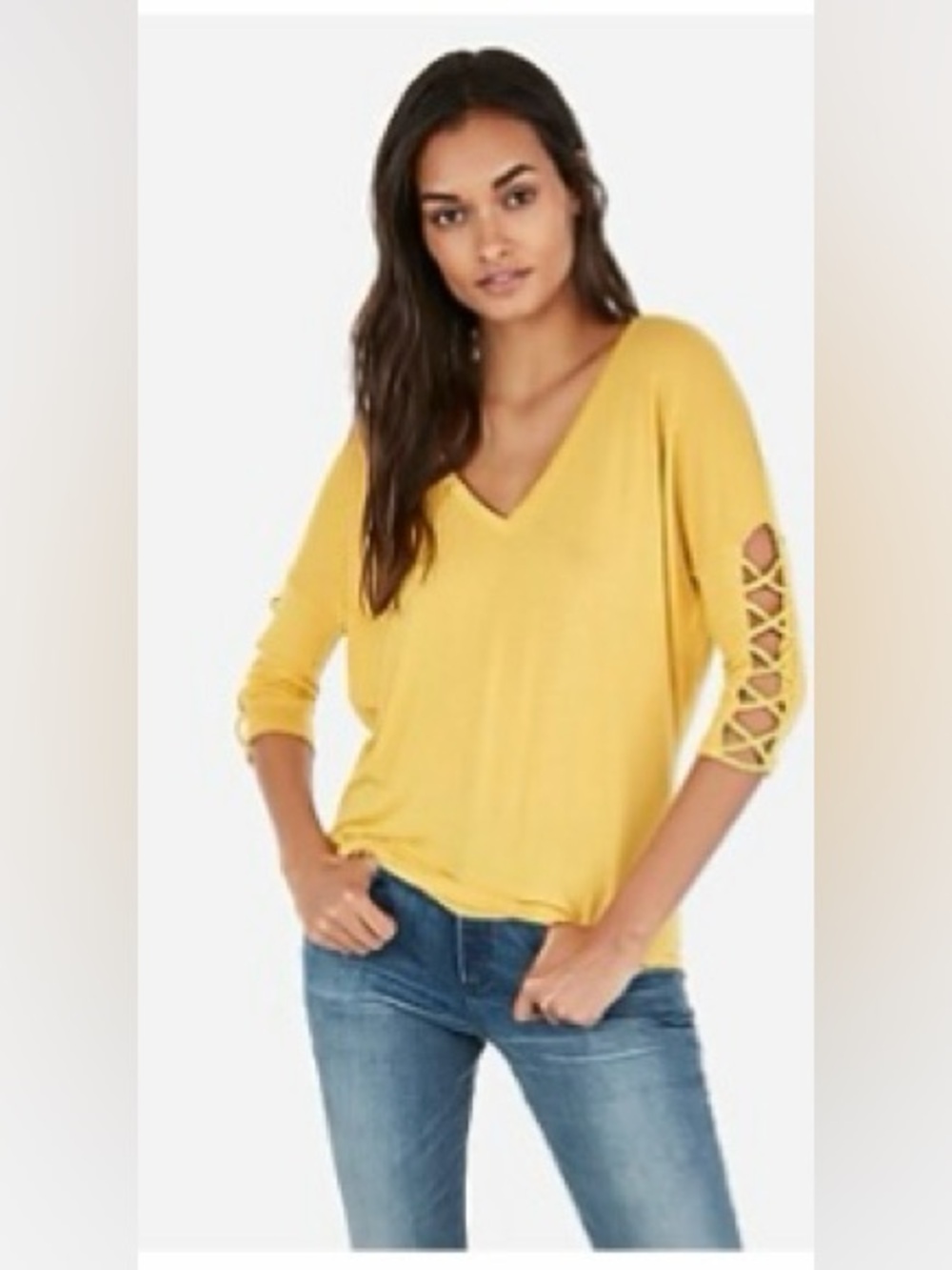 Express One Eleven Lace-up Sleeve London Tee in Yellow Size Small Women’s - Picture 1 of 14